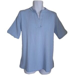 Blumin Apparel Popover Top L Sky Blue Ribbed Short‎ Sleeve Front Placket Casual